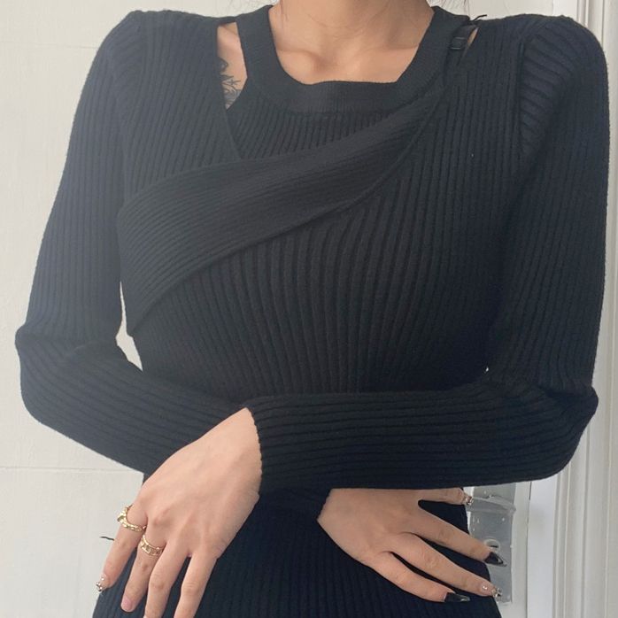 針織長袖毛衣+掛脖吊帶背心兩件套(黑色)(S/M碼)(下單後聯絡客服確認發貨尺碼)#K004003703