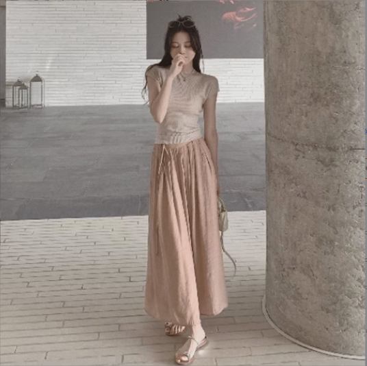 半高領綁帶短袖針織衫棉麻闊腿裙褲套裝（灰色上衣+粉紅色裙褲）（規格：S-XL碼）(下單後聯絡客服確認發貨尺碼) #F047050116