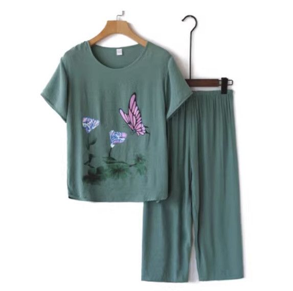 夏季中老年純棉麻套裝（【水墨畫】綠色）【尺碼：XL-4XL】【下單後聯絡客服確認發貨尺碼】F203013026