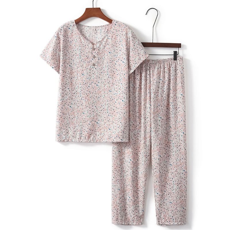 老年人短袖套裝( XL-4XL碼 駝綠小碎花）【下單後請聯絡客服確認發貨尺碼】F001099097