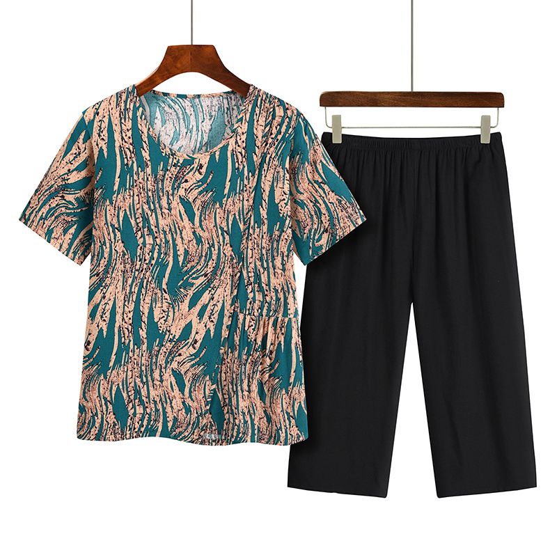 中老年媽媽短袖套裝(XL-4XL碼 綠條紋）【下單後請聯絡客服確認發貨尺碼】F001099358
