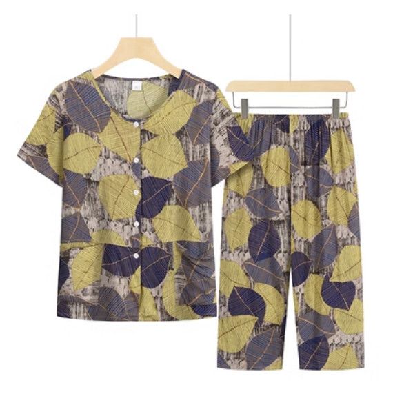 夏季中老年套裝（黃卡其葉子）【尺碼：XL-4XL】【下單後聯絡客服確認發貨尺碼】F203013332