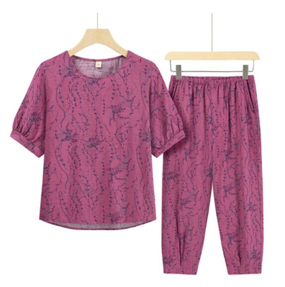夏季中老年套裝（紫色柳枝）【尺碼：XL-3XL】【下單後聯絡客服確認發貨尺碼】F203013182