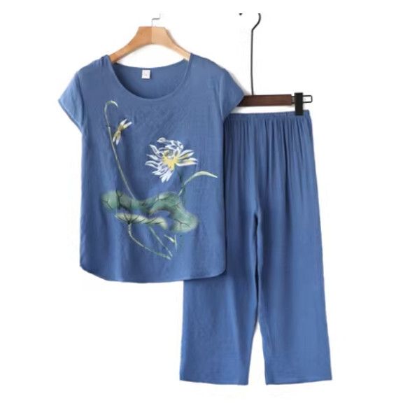 夏季中老年棉麻套裝（藍色蜻蜓）【尺碼：XL-4XL】【下單後聯絡客服確認發貨尺碼】F203013289