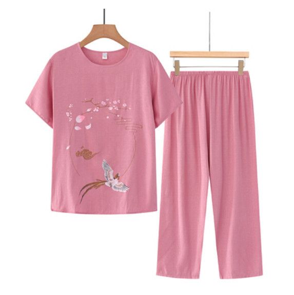 夏季中老年棉麻套裝（駝色）【尺碼：XL-4XL】【下單後聯絡客服確認發貨尺碼】F203013117