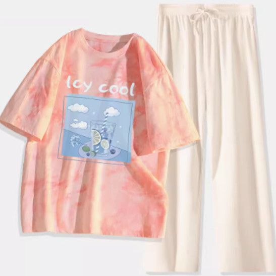 紮染短袖兩件套【粉色（冰檸藍莓）+杏褲】【S-XL碼】（下單後請聯絡客服確認發貨尺碼）#K011002675