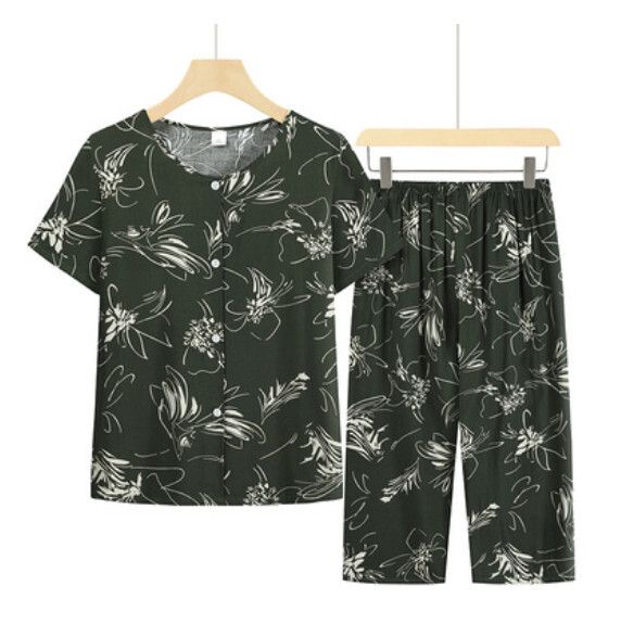 夏季中老年綿綢套裝（淡墨綠）【尺碼：XL-4XL】【下單後聯絡客服確認發貨尺碼】F203013279