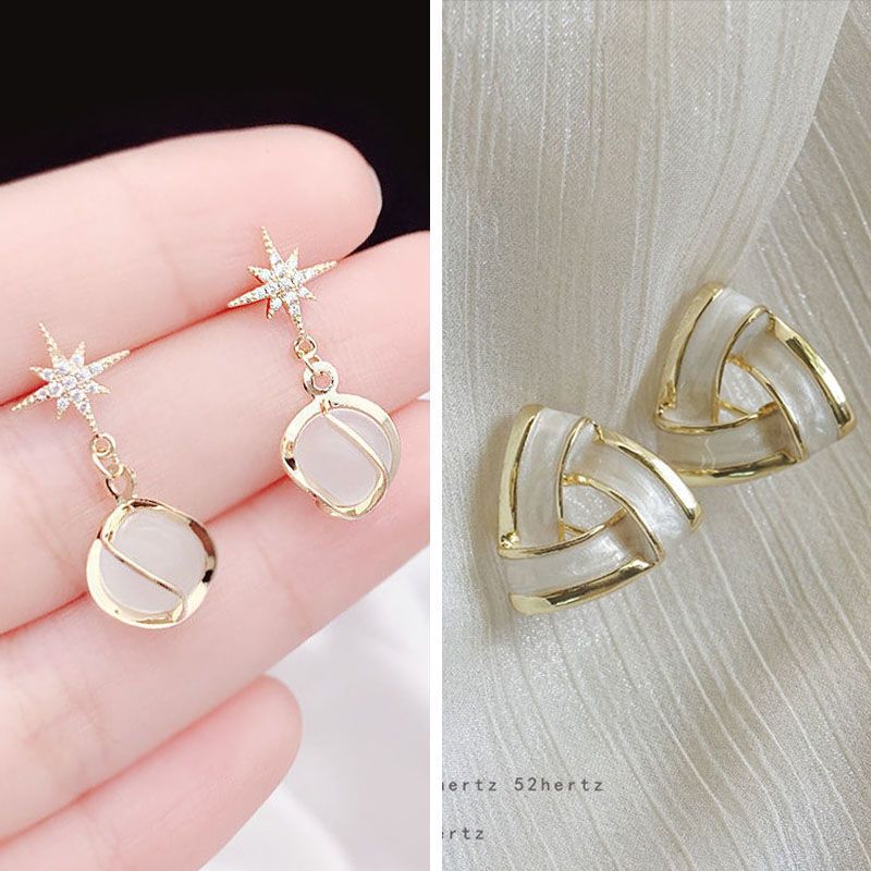 【2對裝】氣質簡約耳環 高級感耳飾(白色 主款+滴油三角形）#F001104493