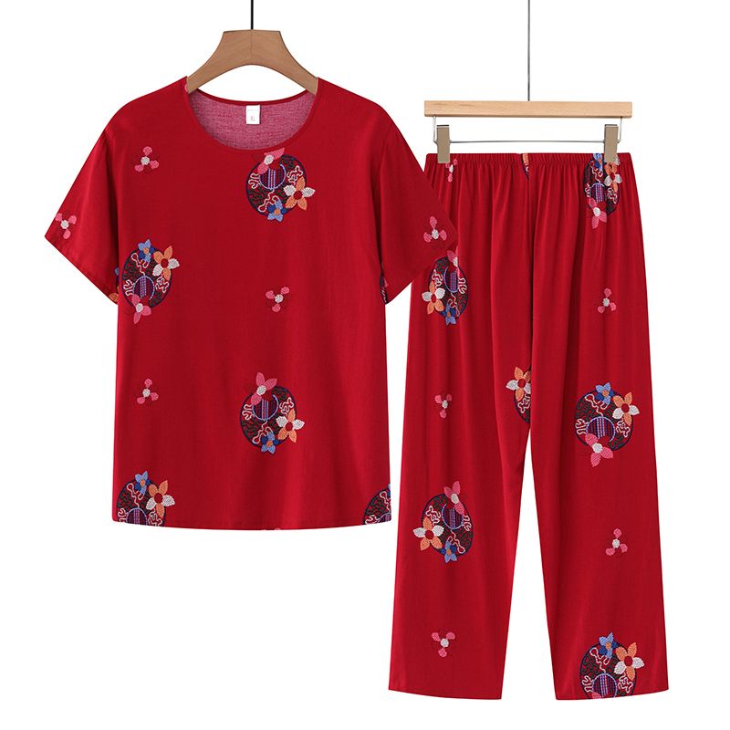 中老年媽媽短袖套裝(XL-4XL碼 紅色小花）【下單後請聯絡客服確認發貨尺碼】F001099398