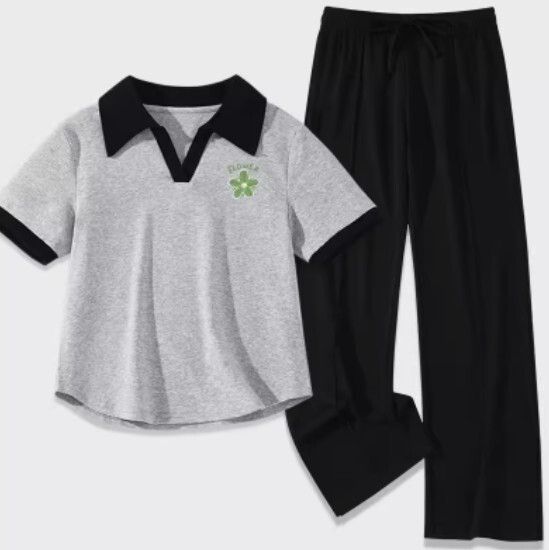 冰絲開衩褲子兩件套【麻灰色（清雅花）+黑褲】【S-2XL碼】（下單後請聯絡客服確認發貨尺碼）#K011002670