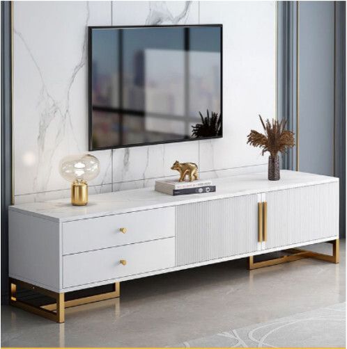 簡易電視機儲物櫃（兩抽兩門--暖白色+白大理石紋色+金色架 120*30*40CM）#H51_048_065