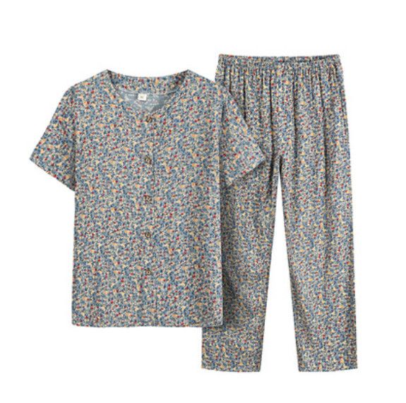 夏季中老年棉綢睡衣套裝（淺色茉莉）【尺碼：XL-4XL】【下單後聯絡客服確認發貨尺碼】F203013070