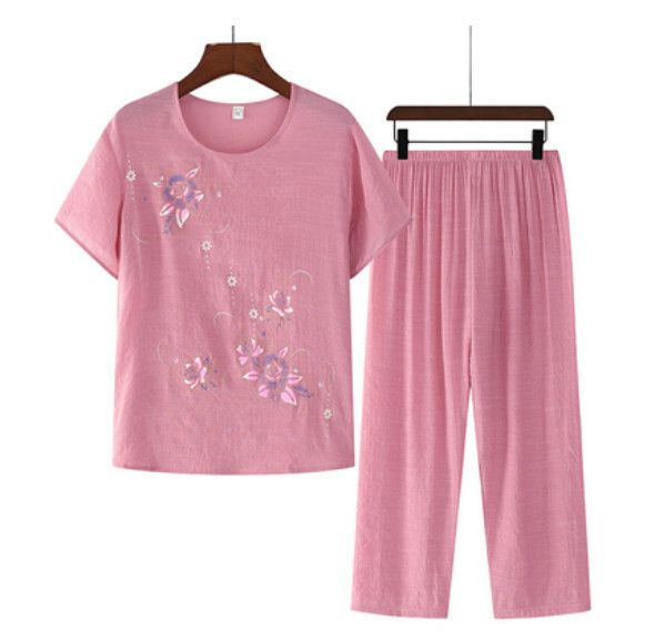 夏季中老年棉麻套裝（粉色）【尺碼：XL-4XL】【下單後聯絡客服確認發貨尺碼】F203013033