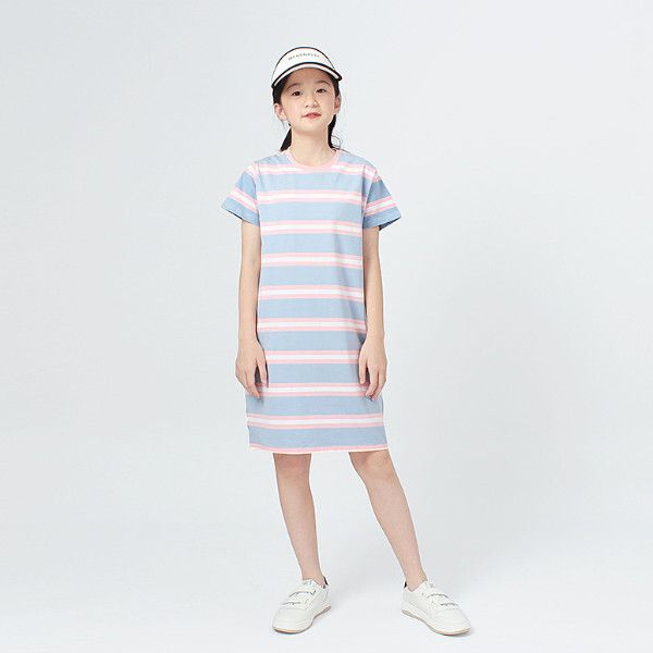 夏季韓版女童連衣裙 大童條紋撞色短袖睡裙（粉-白）（尺碼120-160）(下單後聯絡客服確認發貨尺碼）#S279017546