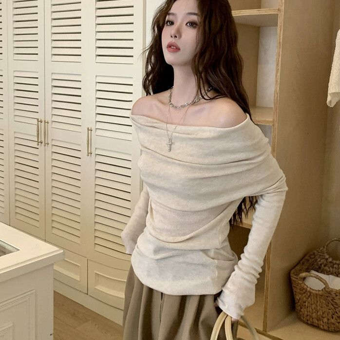 一字肩長袖針織衫(均碼)(米杏色)#K004008413