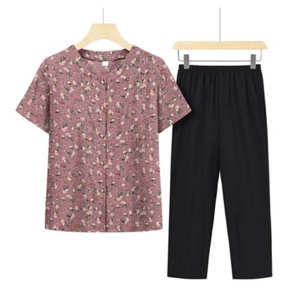 夏季中老年開衫套裝（6號色套裝）【尺碼：XL-5XL】【下單後聯絡客服確認發貨尺碼】F203013217