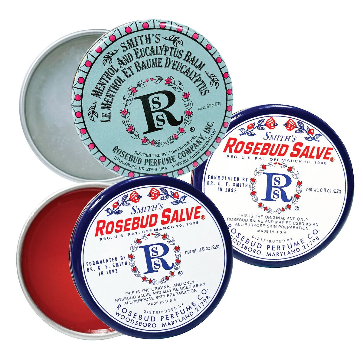 Smith's Rosebud【Official】Original Salve 0.8oz/22g (Tin)x2 /Mentholated Salve 0.8oz/22g (Tin)x1