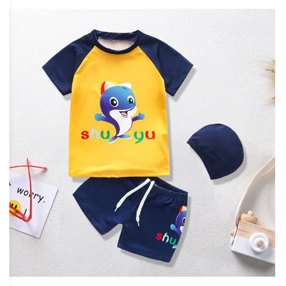 兒童分體短袖泳裝【M-XL碼】【黃底小鯨魚】(下單後聯絡客服確認發貨尺碼) #H161023853