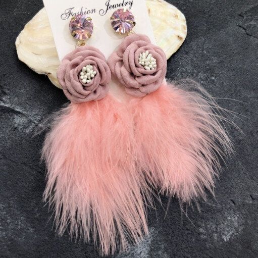 個性羽毛流蘇耳釘（4-大水晶花朵粉紅羽）