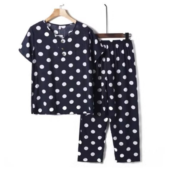 夏季中老年綿綢套裝（藏黑圓圈）【尺碼：XL-4XL】【下單後聯絡客服確認發貨尺碼】F203013062