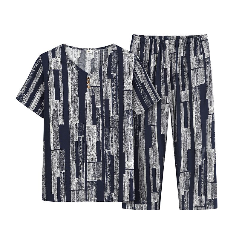 老年人短袖套裝( XL-4XL碼 深藍豎格）【下單後請聯絡客服確認發貨尺碼】F001099123