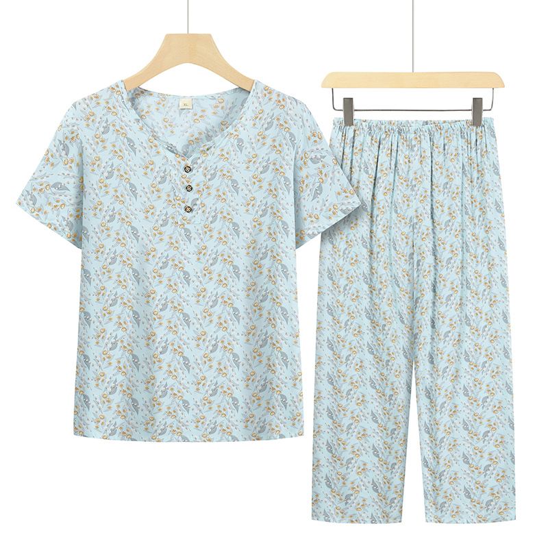 老年人短袖套裝( XL-4XL碼 淺藍葉子小花）【下單後請聯絡客服確認發貨尺碼】F001099098
