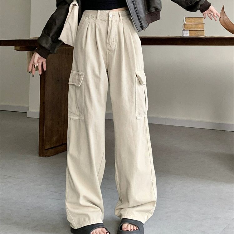 工裝闊腿牛仔褲(S-XL碼)(杏色)(下單後聯絡客服確認發貨尺碼)#K004008466