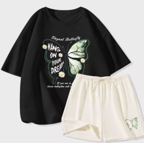 冰絲短袖短褲兩件套【黑色（雛菊蝶）+奶白褲】【S-2XL碼】（下單後請聯絡客服確認發貨尺碼）#K011002509