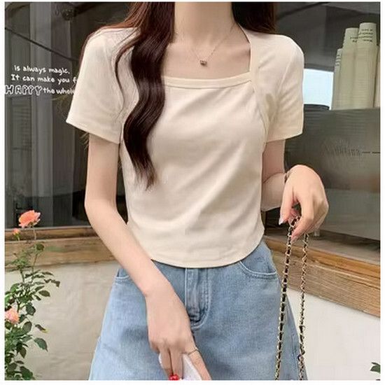 方領正肩短袖T恤【杏色】【S-XL碼】（下單後請聯絡客服確認發貨尺碼）#K012002129