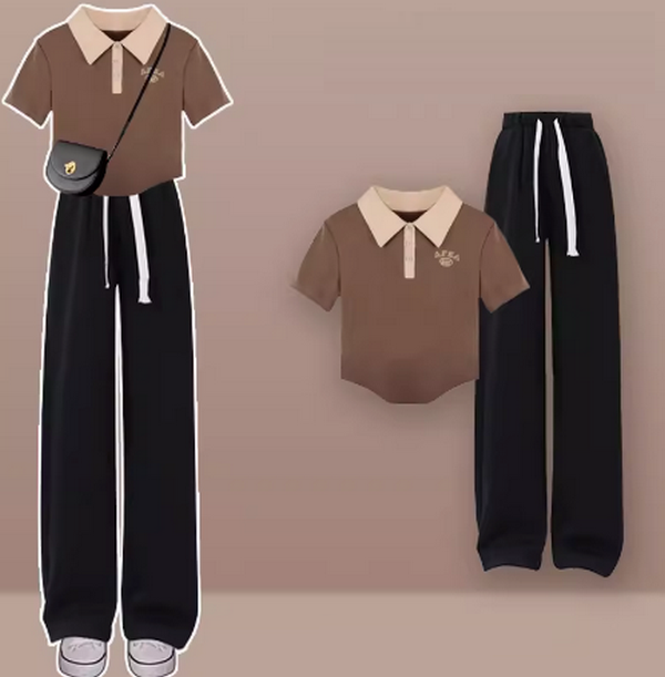 女士夏季套裝（棕色上衣+黑色休閒褲S-XL）（下單後聯絡客服確認發貨尺碼）#F350001286