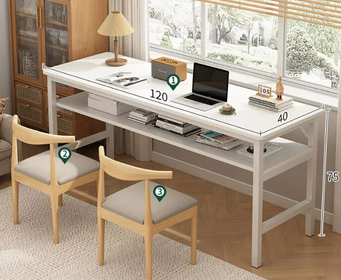 簡易書桌電腦桌（【桌椅組合-2椅】暖白色雙層120*40*75cm）