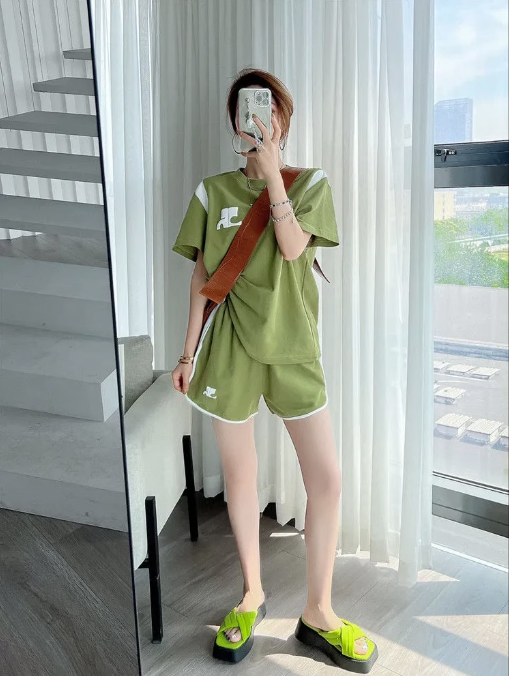 拼接撞色T恤短褲兩件套（綠色L-4XL）(下單後聯絡客服確認發貨尺碼）#F349001180