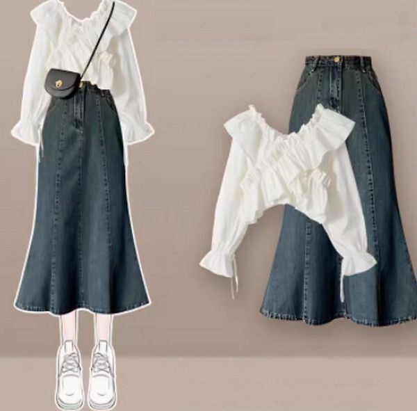 魚尾裙套裝（白色上衣+深藍色魚尾裙S-3XL）（下單後聯絡客服確認發貨尺碼）#F350001013