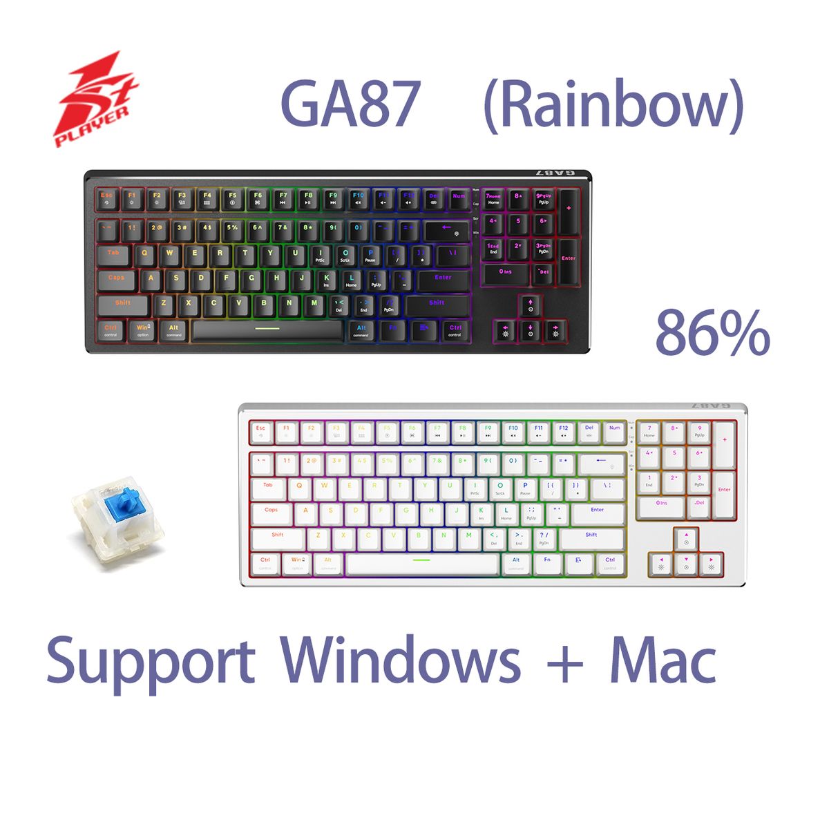 GASKET GA87 (White-B Switch) 86% Mechanical Keyboard - Rainbow 93 Key  - Support Win / Mac