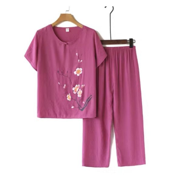 夏季中老年棉麻套裝（盤扣款紅色）【尺碼：XL-4XL】【下單後聯絡客服確認發貨尺碼】F203013018