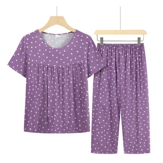 夏季中老年綿綢套裝（紫色小白格）【尺碼：XL-4XL】【下單後聯絡客服確認發貨尺碼】F203013262