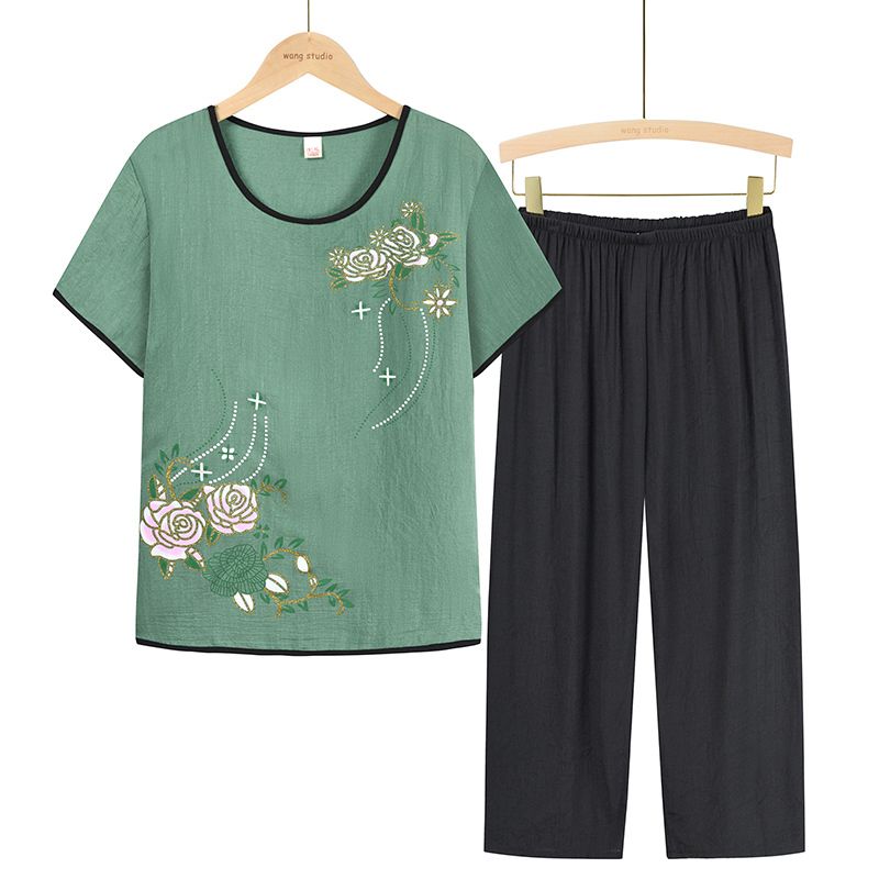 中老年媽媽短袖套裝(XL-4XL碼 綠色）【下單後請聯絡客服確認發貨尺碼】F001099444
