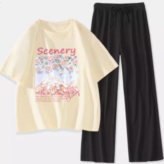 短袖冰絲褲兩件裝【奶白色（富士櫻花）+黑褲】【S-XL碼】（下單後請聯絡客服確認發貨尺碼）#K011002692