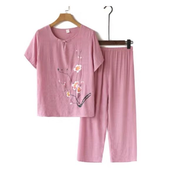 夏季中老年棉麻套裝（盤扣款粉色）【尺碼：XL-4XL】【下單後聯絡客服確認發貨尺碼】F203013020