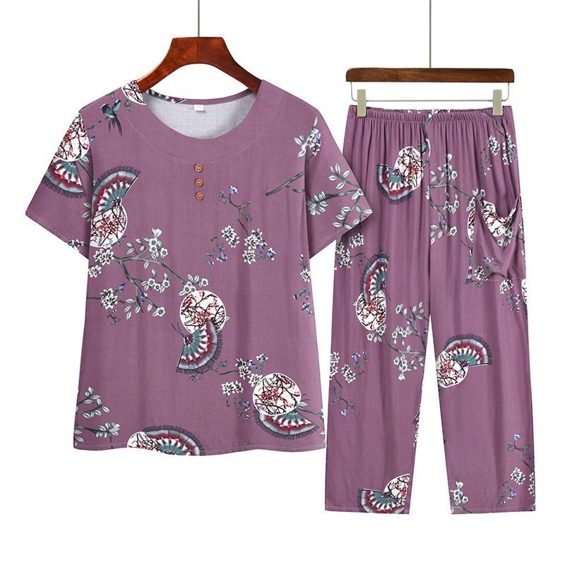 中老年媽媽短袖套裝(XL-4XL碼 1號色）【下單後請聯絡客服確認發貨尺碼】F001099376