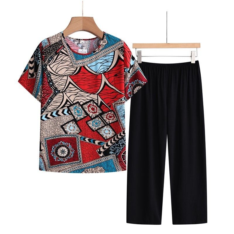 老年人短袖套裝( XL-4XL碼 塗鴉紅色）【下單後請聯絡客服確認發貨尺碼】F001099136