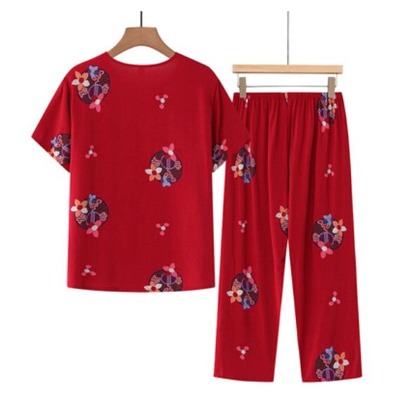 夏季中老年棉麻套裝（紅色小花）【尺碼：XL-4XL】【下單後聯絡客服確認發貨尺碼】F203013123