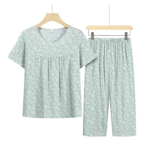 夏季中老年綿綢套裝（綠底小米花）【尺碼：XL-4XL】【下單後聯絡客服確認發貨尺碼】F203013260