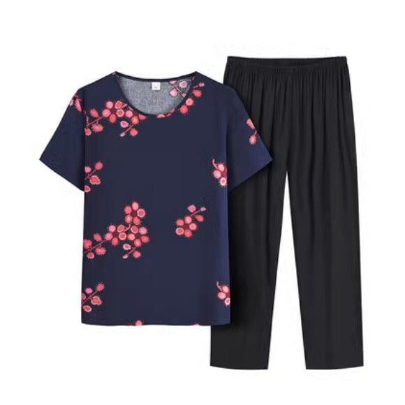 夏季中老年兩件套套裝（藏青色）【尺碼：XL-4XL】【下單後聯絡客服確認發貨尺碼】F203013049