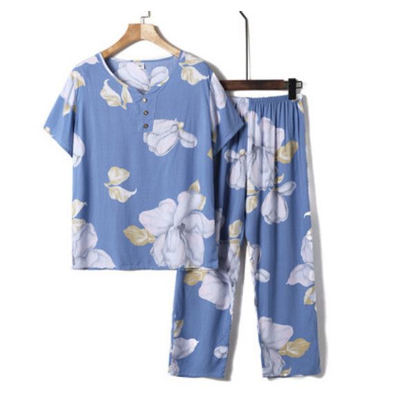 夏季中老年綿綢套裝（淺藍大花）【尺碼：XL-4XL】【下單後聯絡客服確認發貨尺碼】F203013065