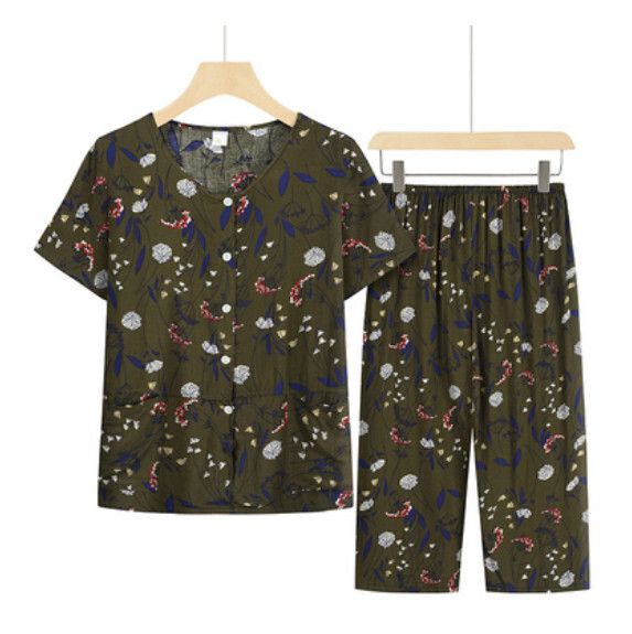 夏季中老年套裝（暗綠細葉）【尺碼：XL-4XL】【下單後聯絡客服確認發貨尺碼】F203013336