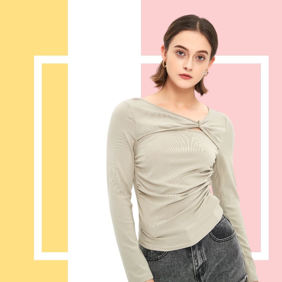 *[杏色]女裝長袖上衣(E0000M)(平行進口)