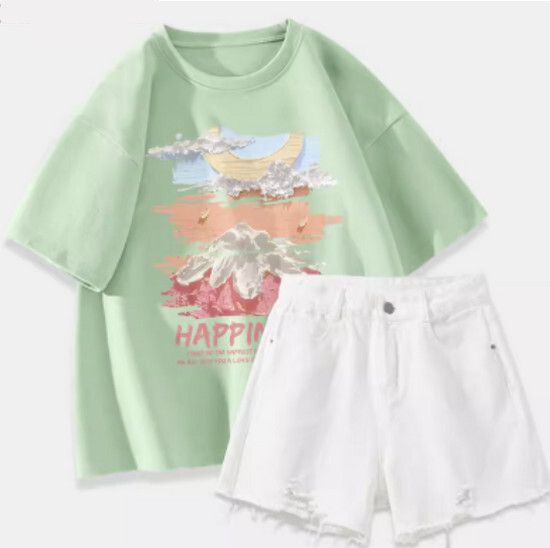 t恤+牛仔短褲【果綠色（大油畫夢境）+白褲】【S-2XL碼】（下單後請聯絡客服確認發貨尺碼）#K011002453