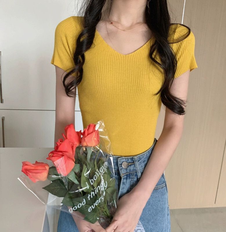 V領針織衫百搭修身（黃色 均碼）#F46015254