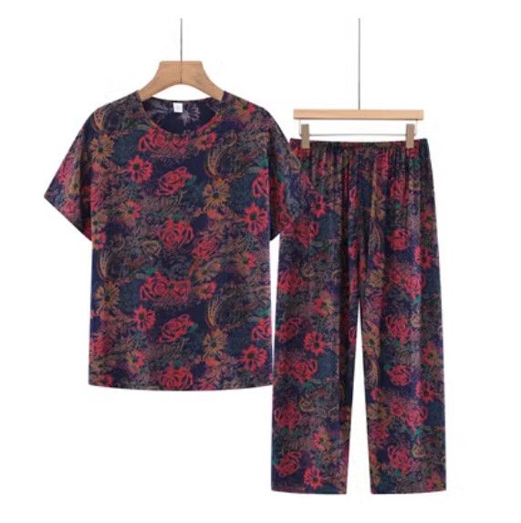 夏季中老年棉麻套裝（藍色玫瑰）【尺碼：XL-3XL】【下單後聯絡客服確認發貨尺碼】F203013140